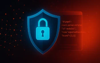 Visual representation of CVE-2025-55182 showing React Server Components remote code execution risk and server-side security threat