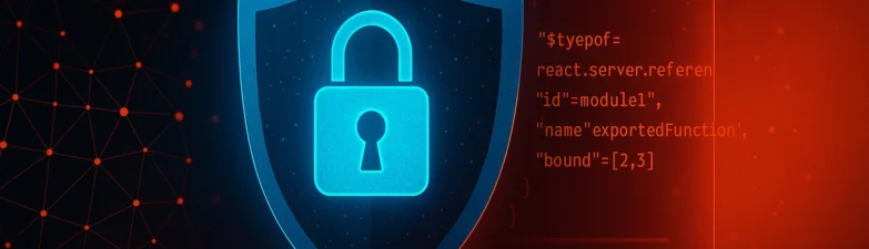 Visual representation of CVE-2025-55182 showing React Server Components remote code execution risk and server-side security threat