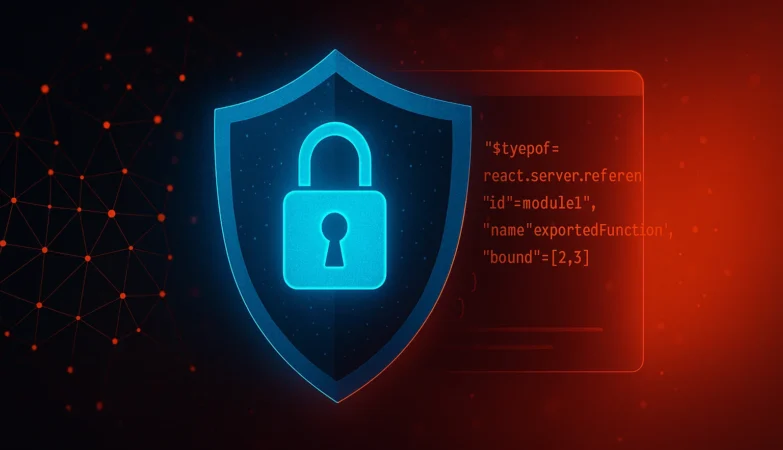 Visual representation of CVE-2025-55182 showing React Server Components remote code execution risk and server-side security threat